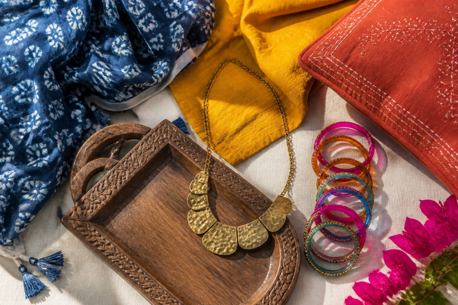 Textiles índigo, cúrcuma y terracota con collar martillado y brazaletes de colores
